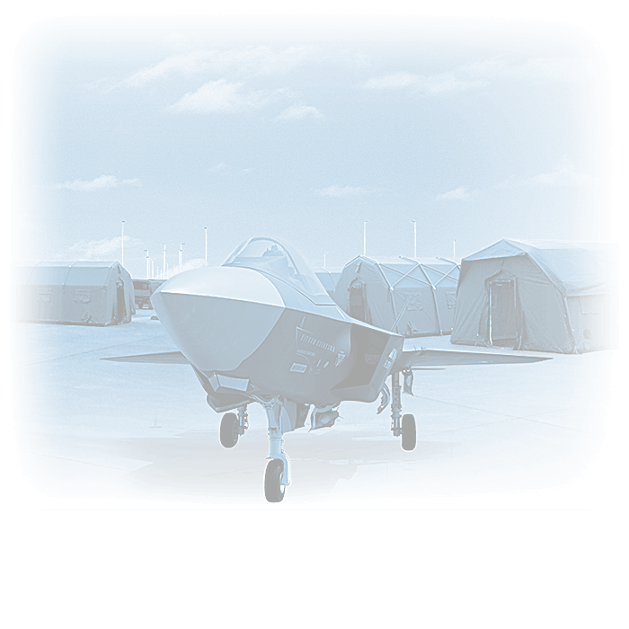 an airplane runway near military tents center